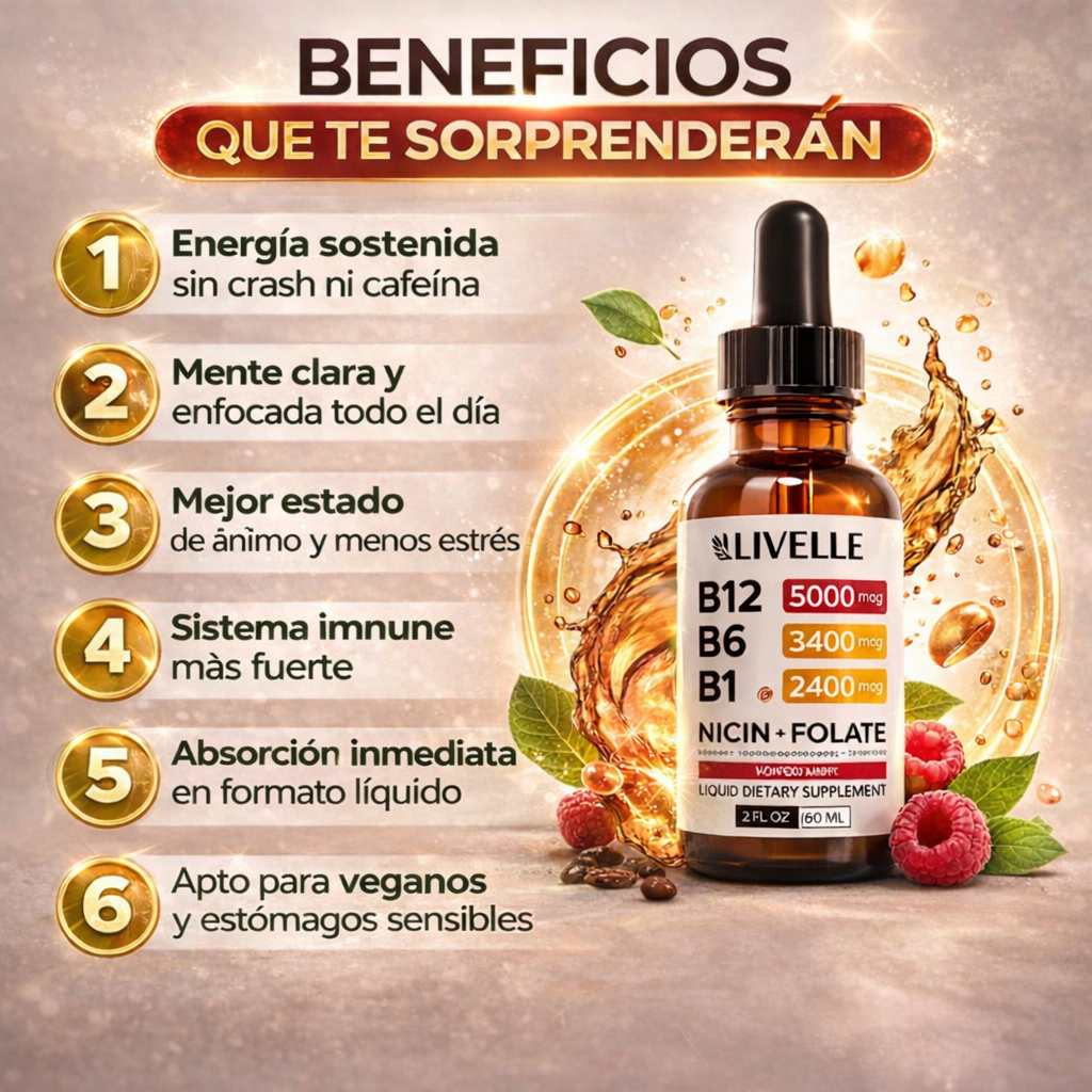 "Más energía, mejor ánimo, mente clara y defensas fuertes… en 5 gotitas al día."